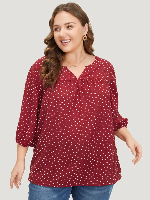 Polka Dot Notched Plicated Detail Lantern Sleeve Blouse sold by Bloomchic