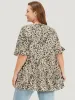 Leopard Tiered Hem Notched Ruffle Sleeve Blouse sold by Bloomchic