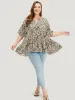 Leopard Tiered Hem Notched Ruffle Sleeve Blouse sold by Bloomchic