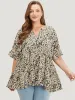 Leopard Tiered Hem Notched Ruffle Sleeve Blouse sold by Bloomchic