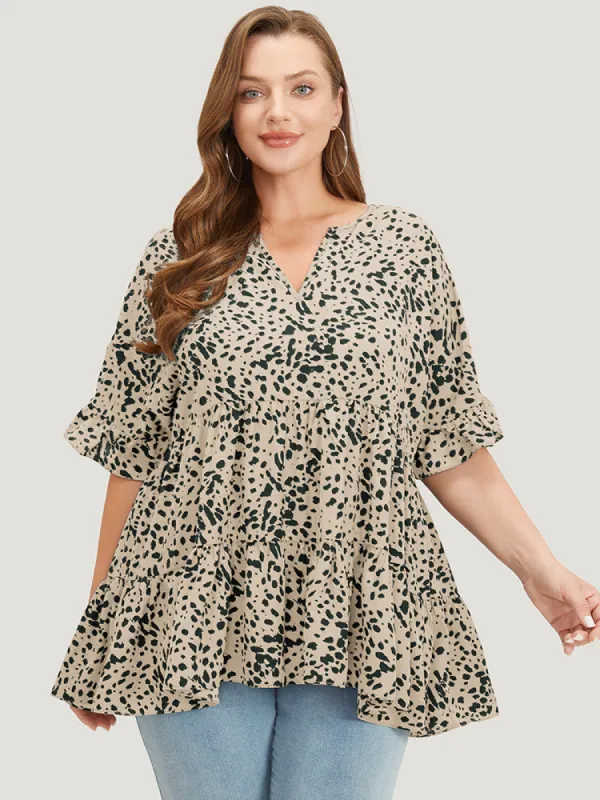 Leopard Tiered Hem Notched Ruffle Sleeve Blouse sold by Bloomchic