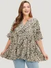 Leopard Tiered Hem Notched Ruffle Sleeve Blouse sold by Bloomchic