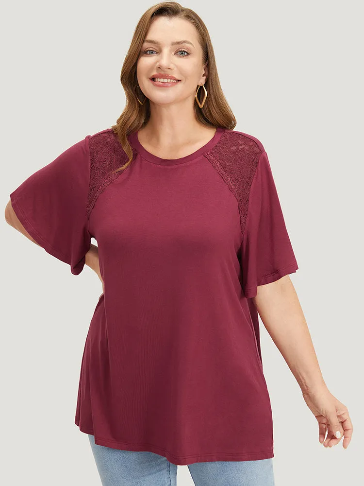 Solid Lace Patchwork Flutter Sleeve T-shirt sold by Bloomchic