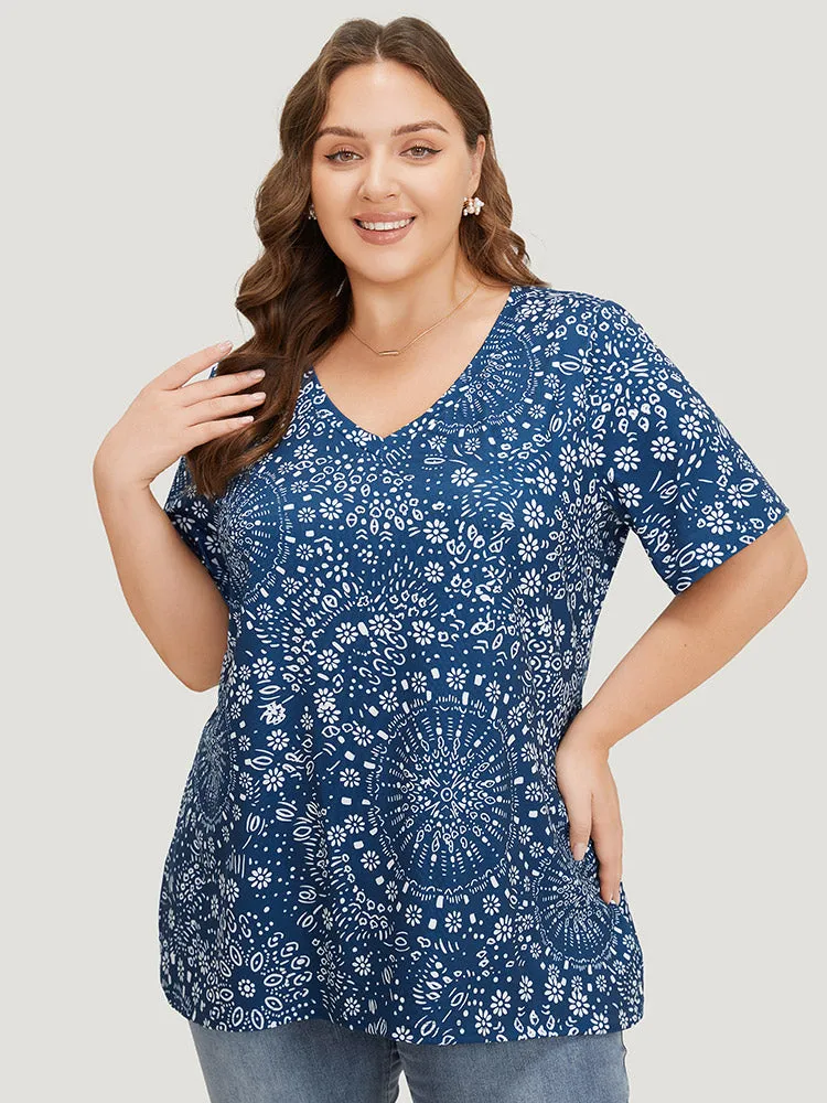 Bandana Print V Neck Moderately Stretchy T-shirt sold by Bloomchic