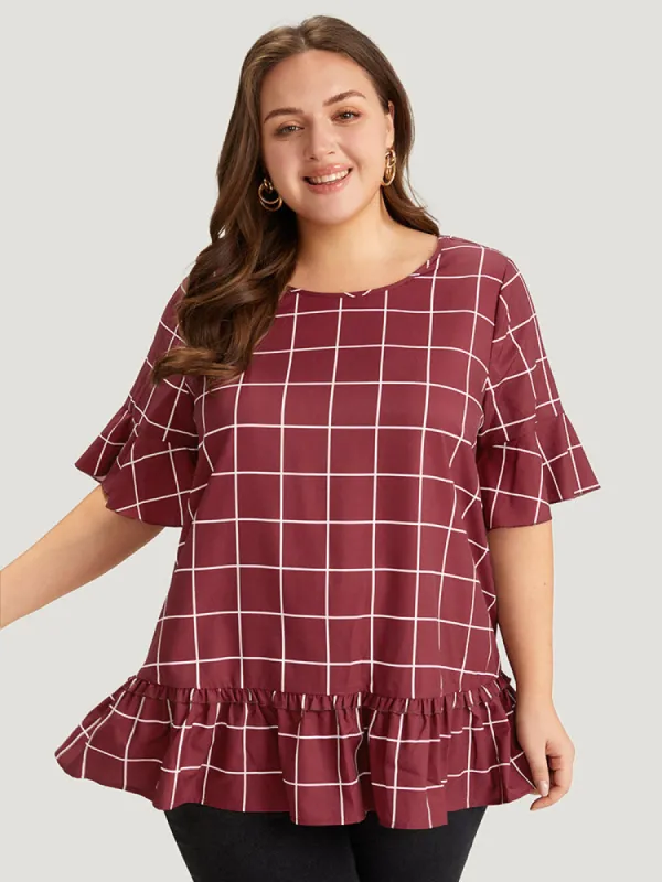 Plaid Frill Trim Bell Sleeve Flutter Hem Blouse sold by Bloomchic