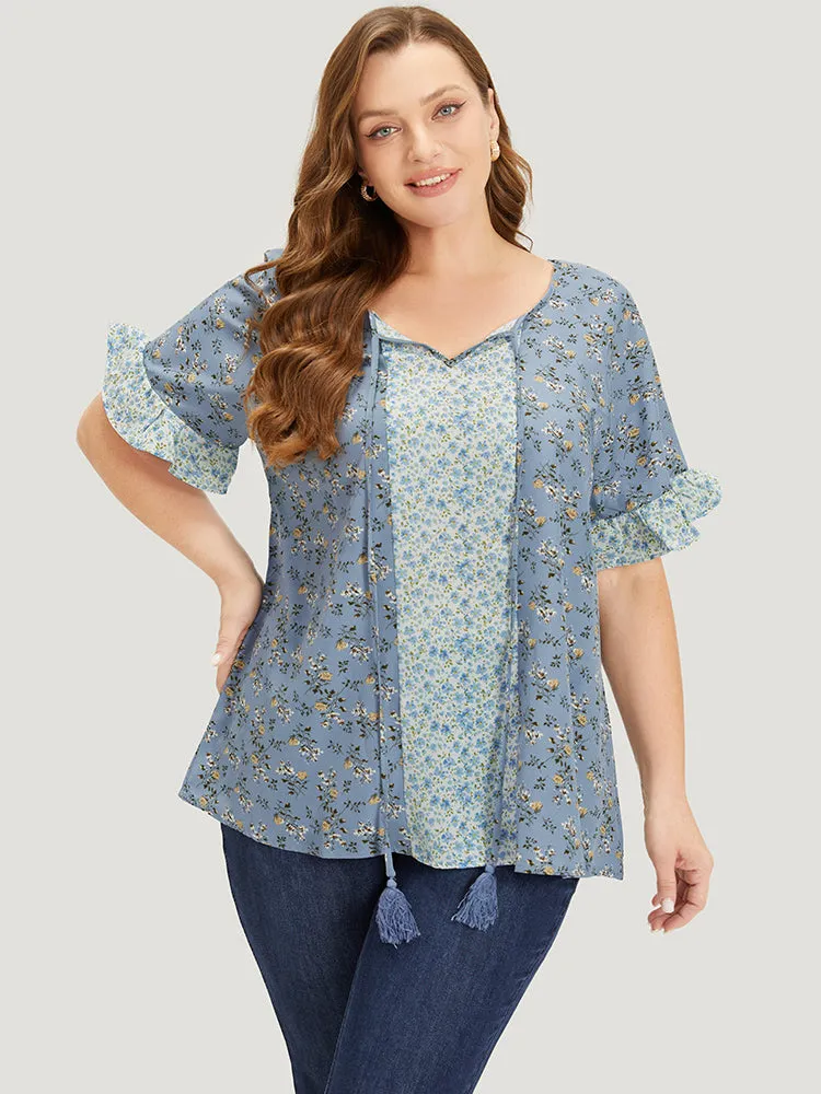 Ditsy Floral Tassels Tie Patchwork Ruffle Sleeve Blouse sold by Bloomchic