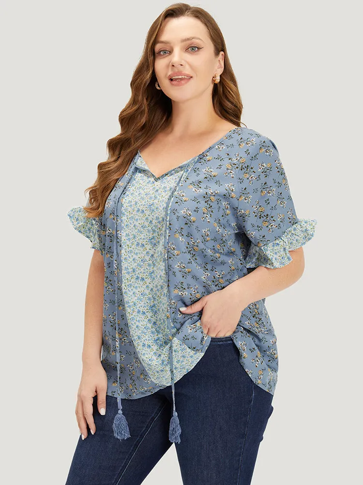 Ditsy Floral Tassels Tie Patchwork Ruffle Sleeve Blouse sold by Bloomchic product image thumbnail 2