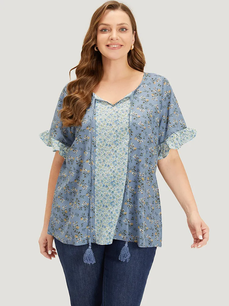 Ditsy Floral Tassels Tie Patchwork Ruffle Sleeve Blouse sold by Bloomchic product image thumbnail 3