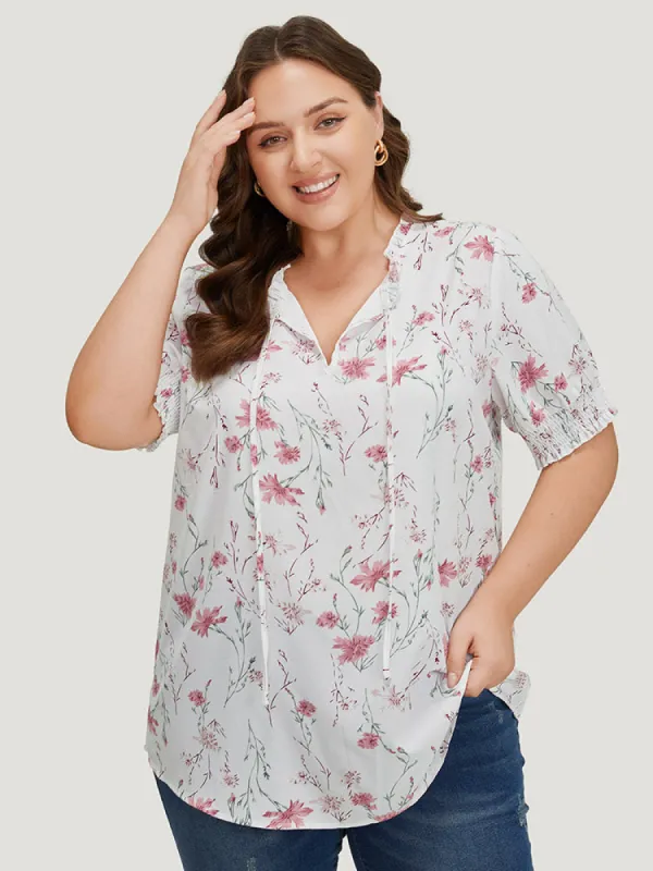Floral Knot Frill Trim Shirred Lantern Sleeve Blouse sold by Bloomchic