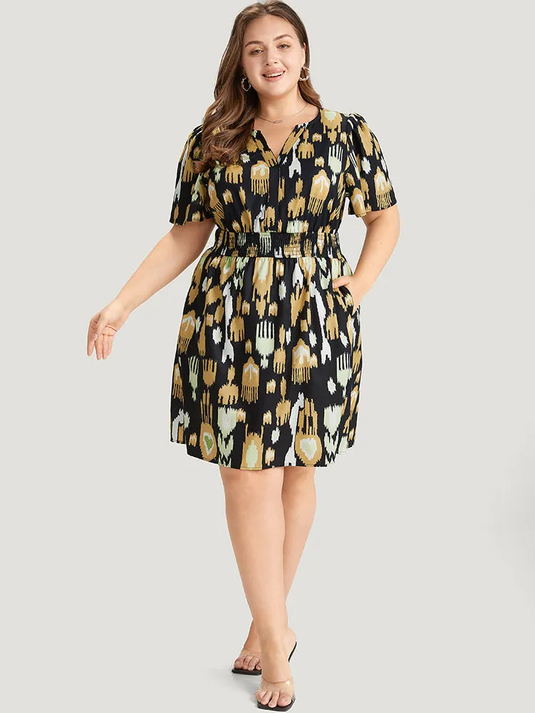 Graphic Print Notched Shirred Pocket Puff Sleeve Dress sold by Bloomchic product image thumbnail 4