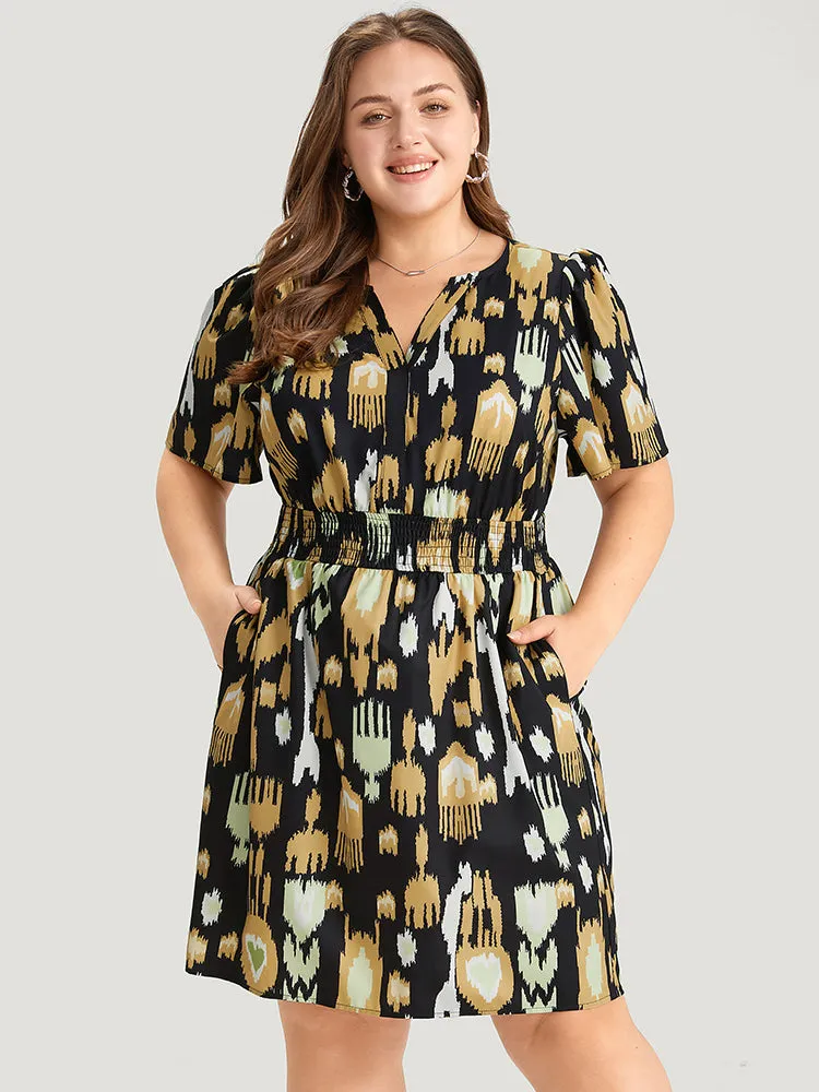 Graphic Print Notched Shirred Pocket Puff Sleeve Dress sold by Bloomchic