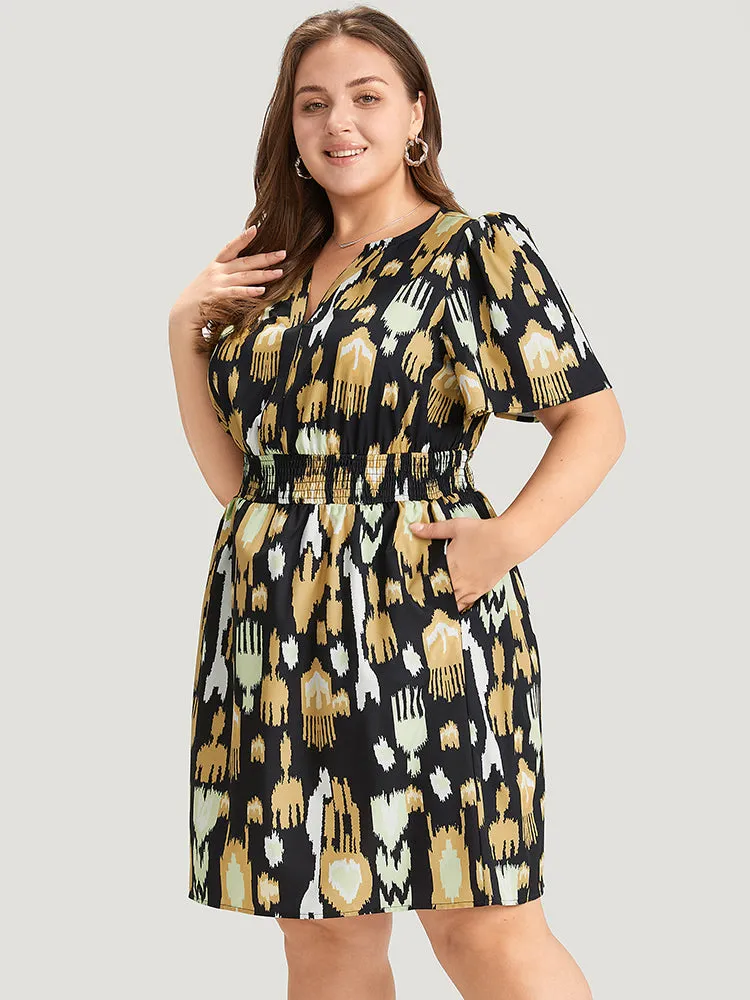 Graphic Print Notched Shirred Pocket Puff Sleeve Dress sold by Bloomchic product image thumbnail 5
