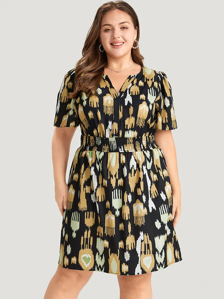 Graphic Print Notched Shirred Pocket Puff Sleeve Dress sold by Bloomchic product image thumbnail 3