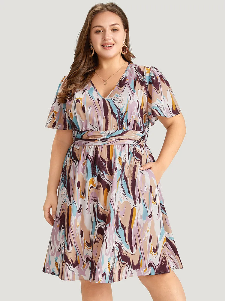 Water Ripple Print Ruched Detail Ruffles Dress sold by Bloomchic