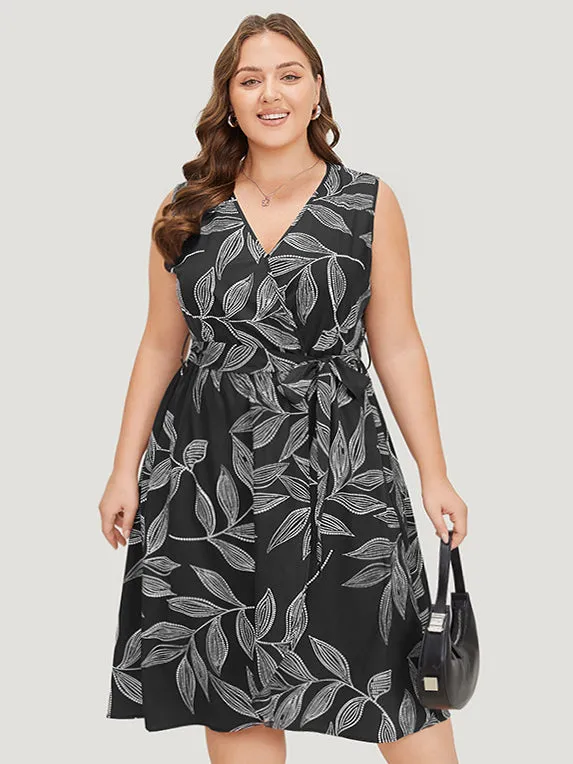 Plants Print Overlap Collar Belted Tank Dress sold by Bloomchic