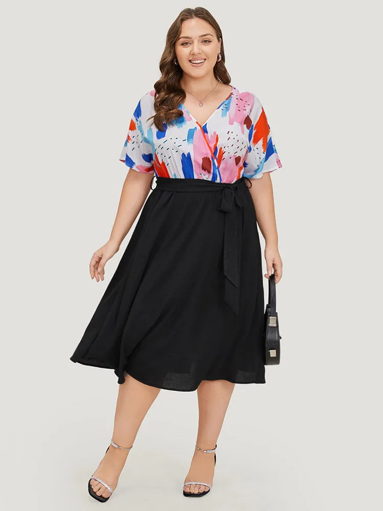 Brush Print Surplice Neck Belted Patchwork Flutter Dress sold by Bloomchic product image thumbnail 4