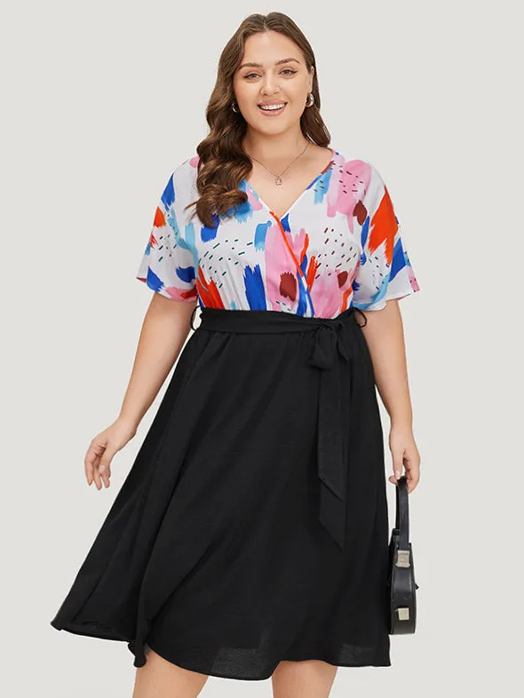 Brush Print Surplice Neck Belted Patchwork Flutter Dress sold by Bloomchic