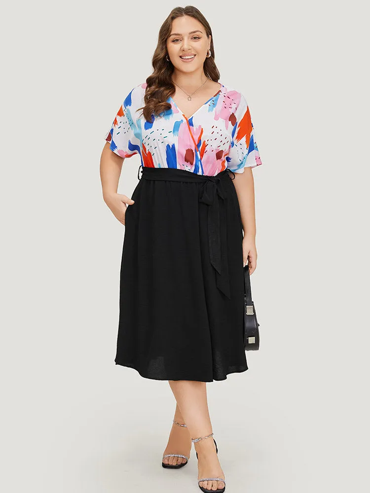 Brush Print Surplice Neck Belted Patchwork Flutter Dress sold by Bloomchic product image thumbnail 5