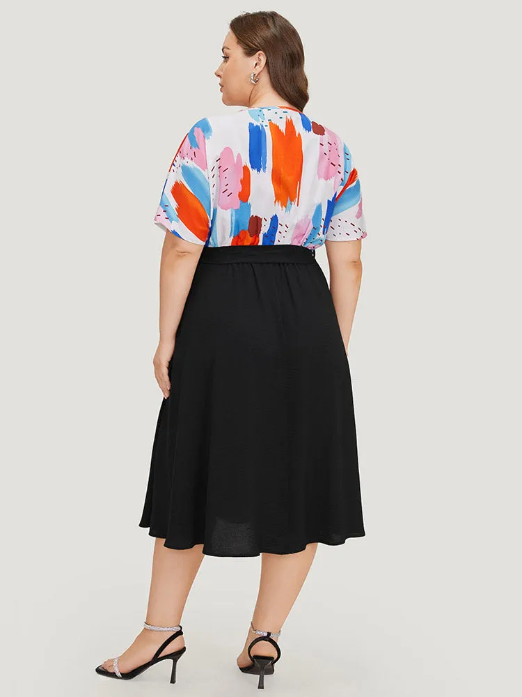 Brush Print Surplice Neck Belted Patchwork Flutter Dress sold by Bloomchic product image thumbnail 2
