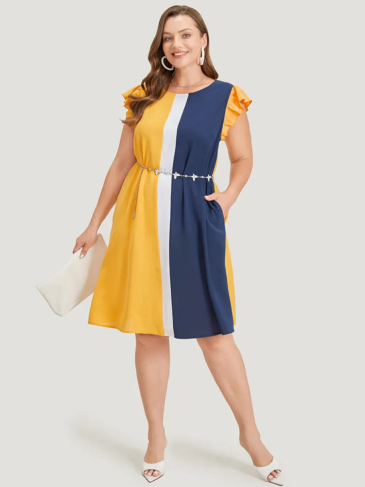 Contrast Patchwork Pocket Ruffle Cap Sleeve Dress sold by Bloomchic product image thumbnail 3
