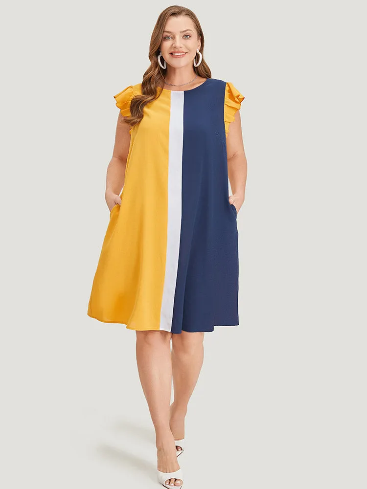 Contrast Patchwork Pocket Ruffle Cap Sleeve Dress sold by Bloomchic product image thumbnail 4