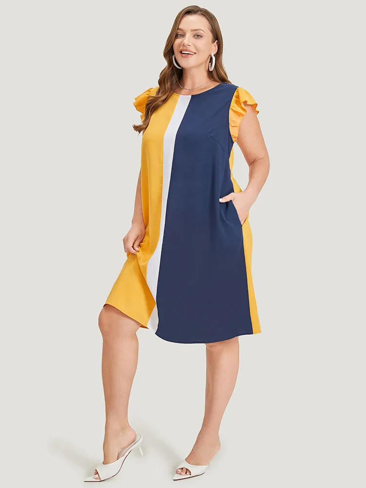 Contrast Patchwork Pocket Ruffle Cap Sleeve Dress sold by Bloomchic product image thumbnail 5
