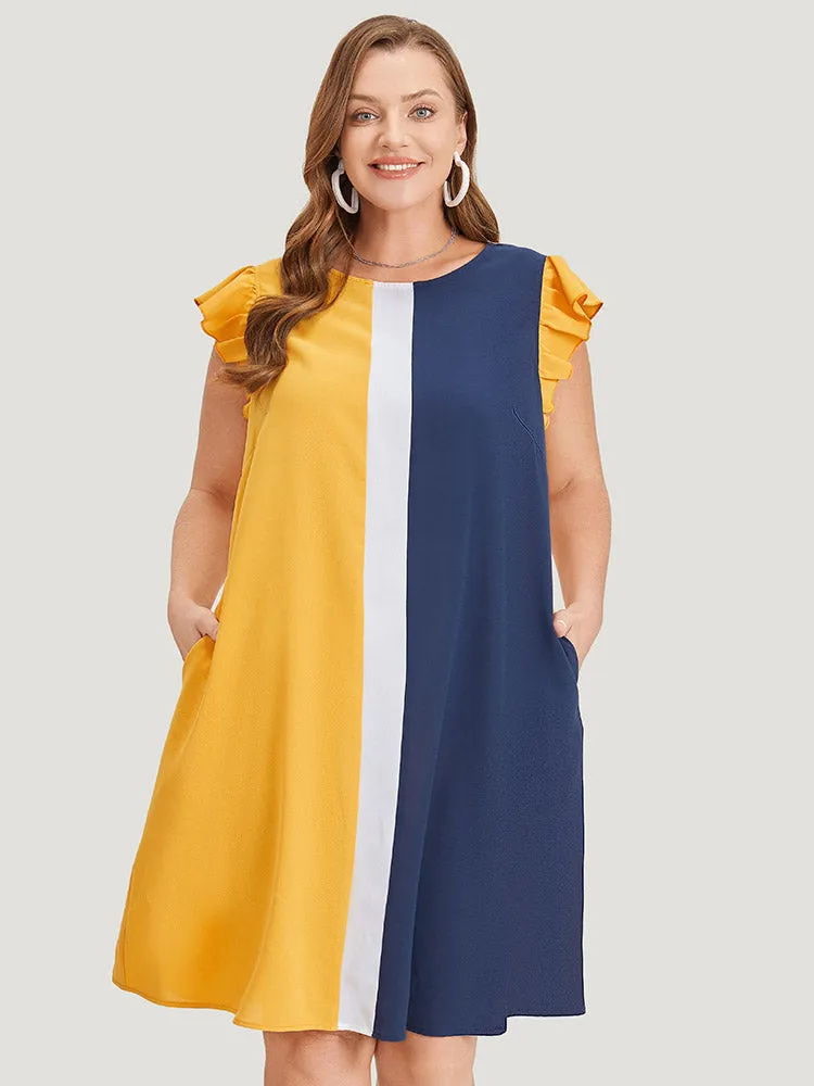 Contrast Patchwork Pocket Ruffle Cap Sleeve Dress sold by Bloomchic product image thumbnail 2