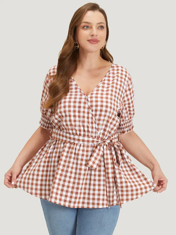 Gingham Shirred Puff Sleeve Belt Wrap Blouse sold by Bloomchic