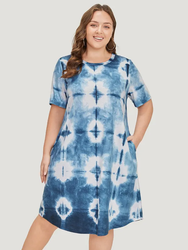 Tie Dye Pocket Ruffle Hem Crew Neck Dress sold by Bloomchic