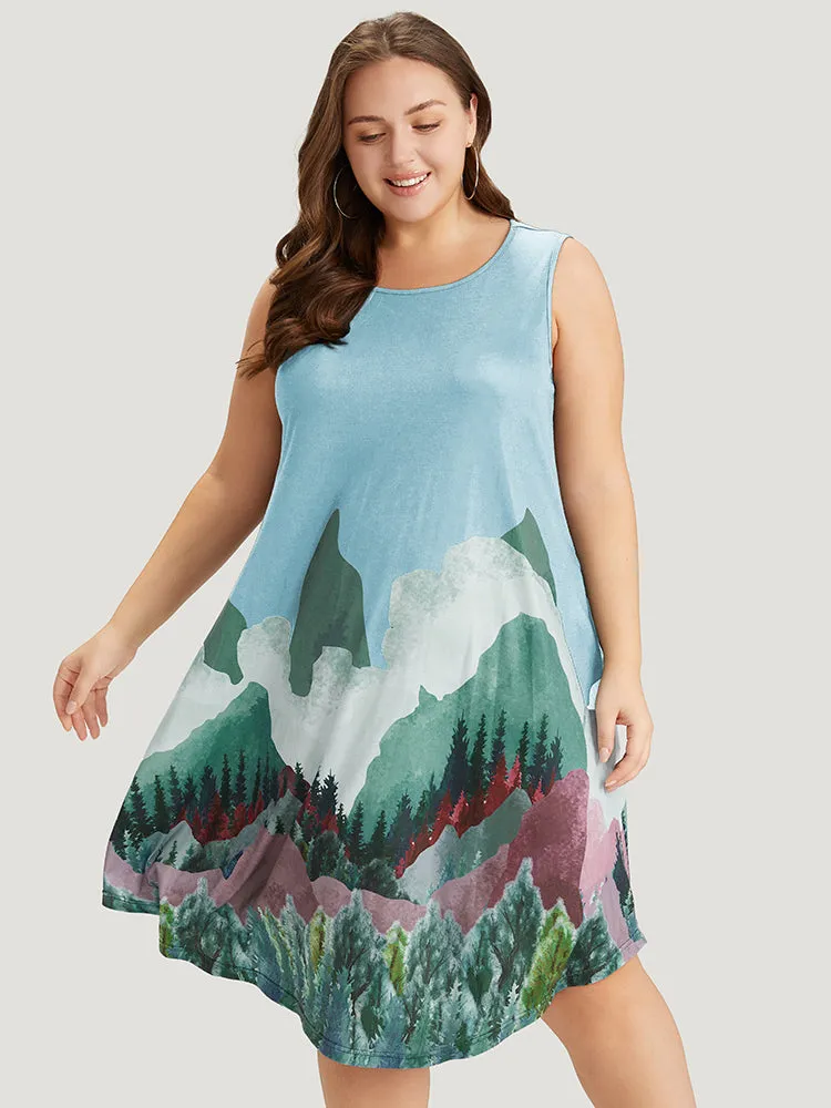 Landscape Print Pocket Curved Hem Tank Dress sold by Bloomchic