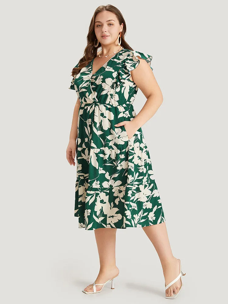 Floral Ruffles Cap Sleeve Pocket Button Wrap Dress sold by Bloomchic product image thumbnail 3