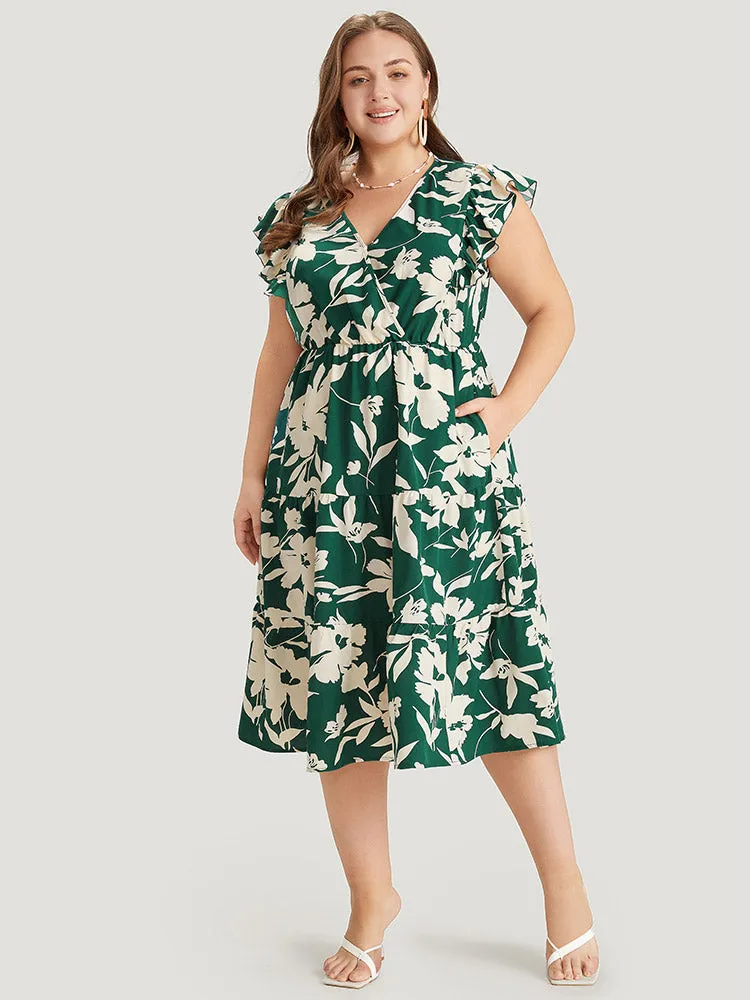 Floral Ruffles Cap Sleeve Pocket Button Wrap Dress sold by Bloomchic product image thumbnail 4