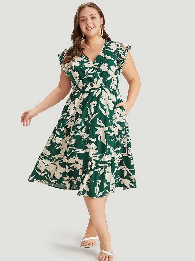 Floral Ruffles Cap Sleeve Pocket Button Wrap Dress sold by Bloomchic