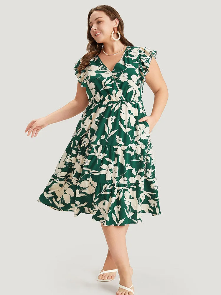 Floral Ruffles Cap Sleeve Pocket Button Wrap Dress sold by Bloomchic product image thumbnail 5