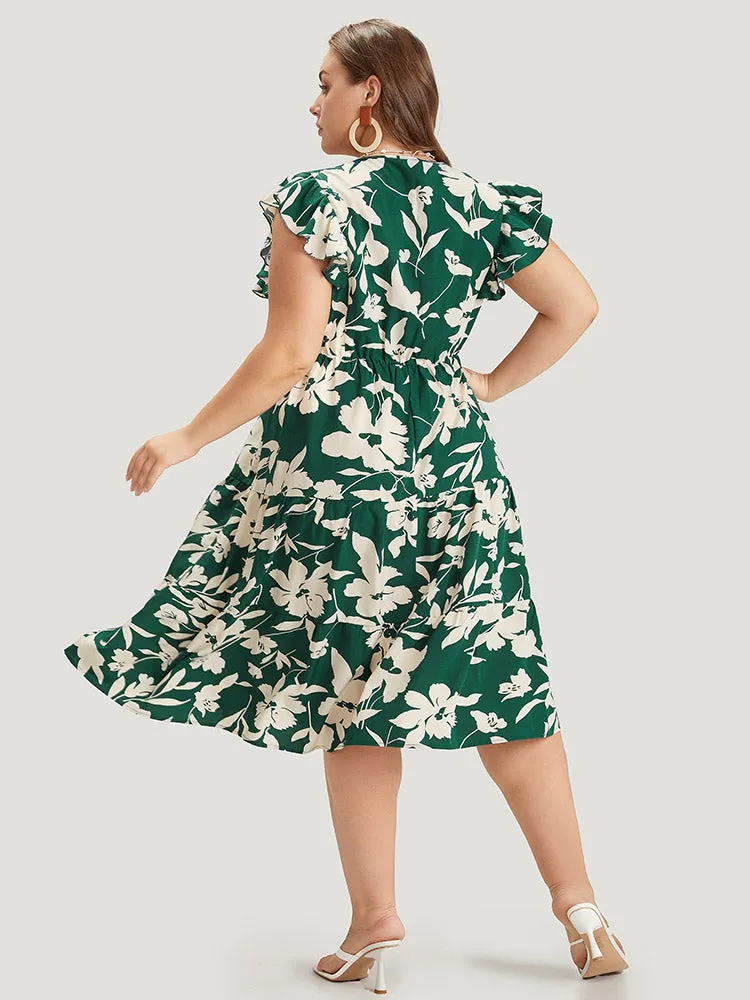 Floral Ruffles Cap Sleeve Pocket Button Wrap Dress sold by Bloomchic product image thumbnail 2