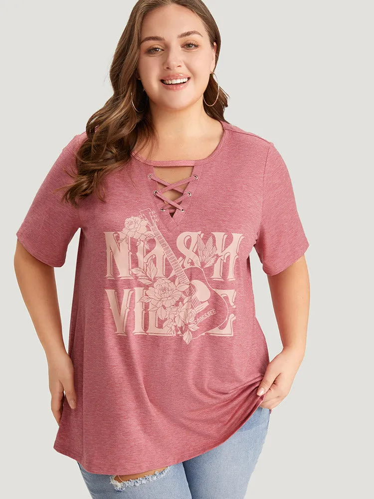 Guitar & Letter Print Heather Crisscross Neck Graphic T-shirt sold by Bloomchic product image thumbnail 3