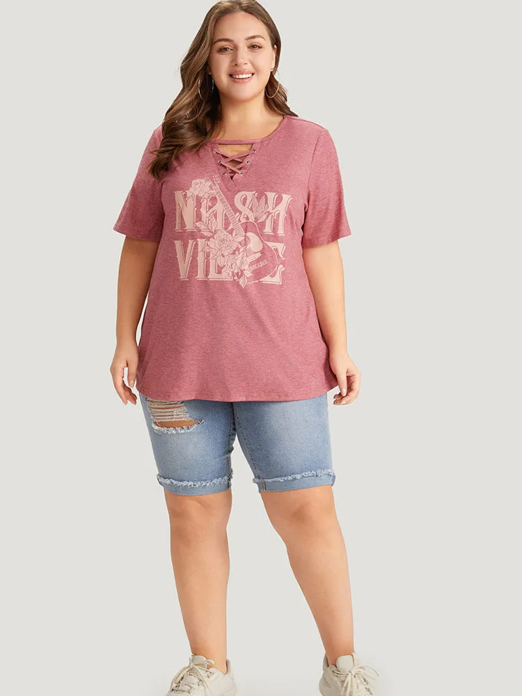 Guitar & Letter Print Heather Crisscross Neck Graphic T-shirt sold by Bloomchic product image thumbnail 4