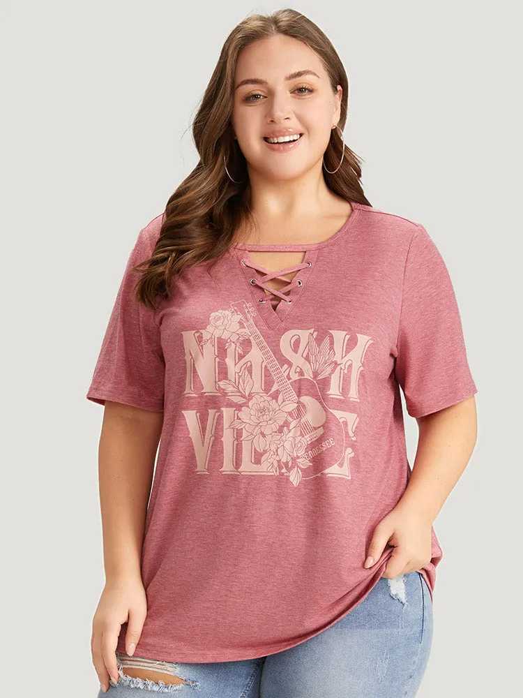 Guitar & Letter Print Heather Crisscross Neck Graphic T-shirt sold by Bloomchic