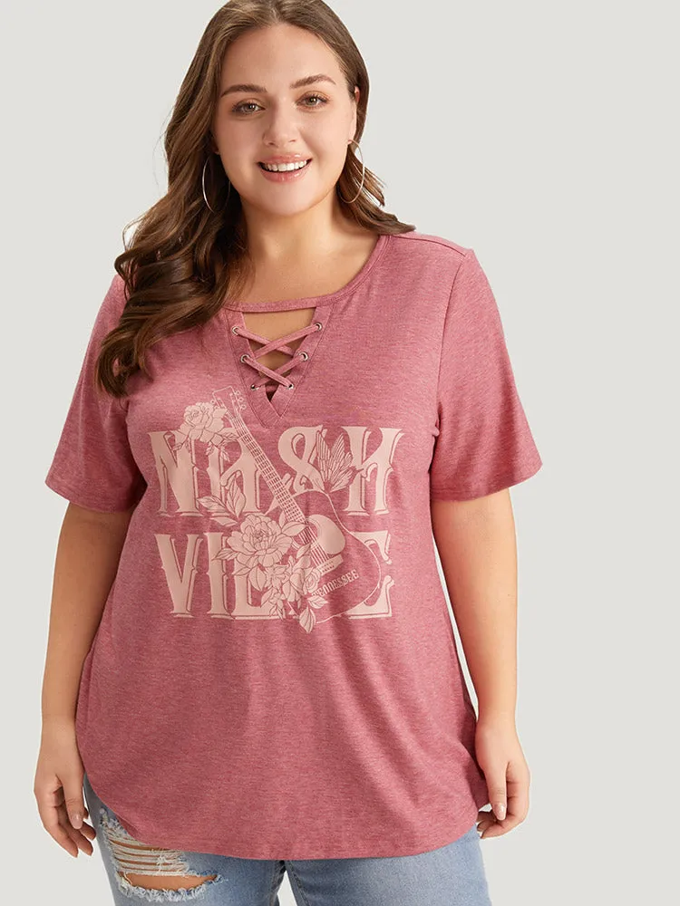 Guitar & Letter Print Heather Crisscross Neck Graphic T-shirt sold by Bloomchic product image thumbnail 5