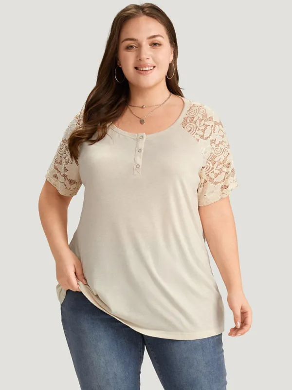 Solid Raglan Sleeve Contrast Lace  T-shirt sold by Bloomchic