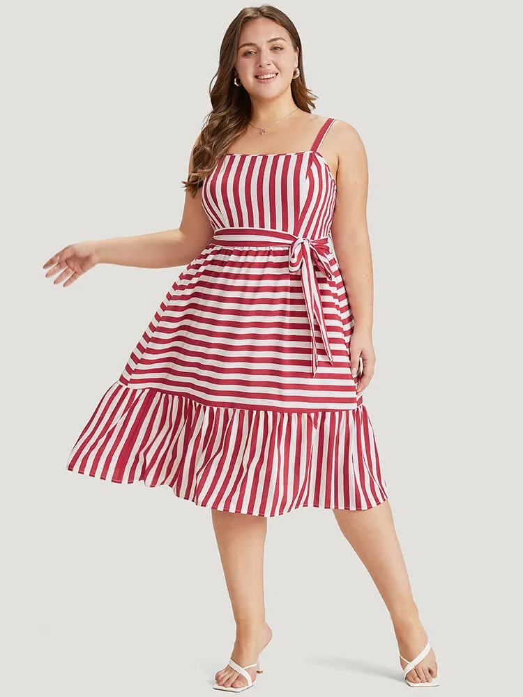 Striped Print Belted Ruffle Layered Hem Cami Dress sold by Bloomchic product image thumbnail 2