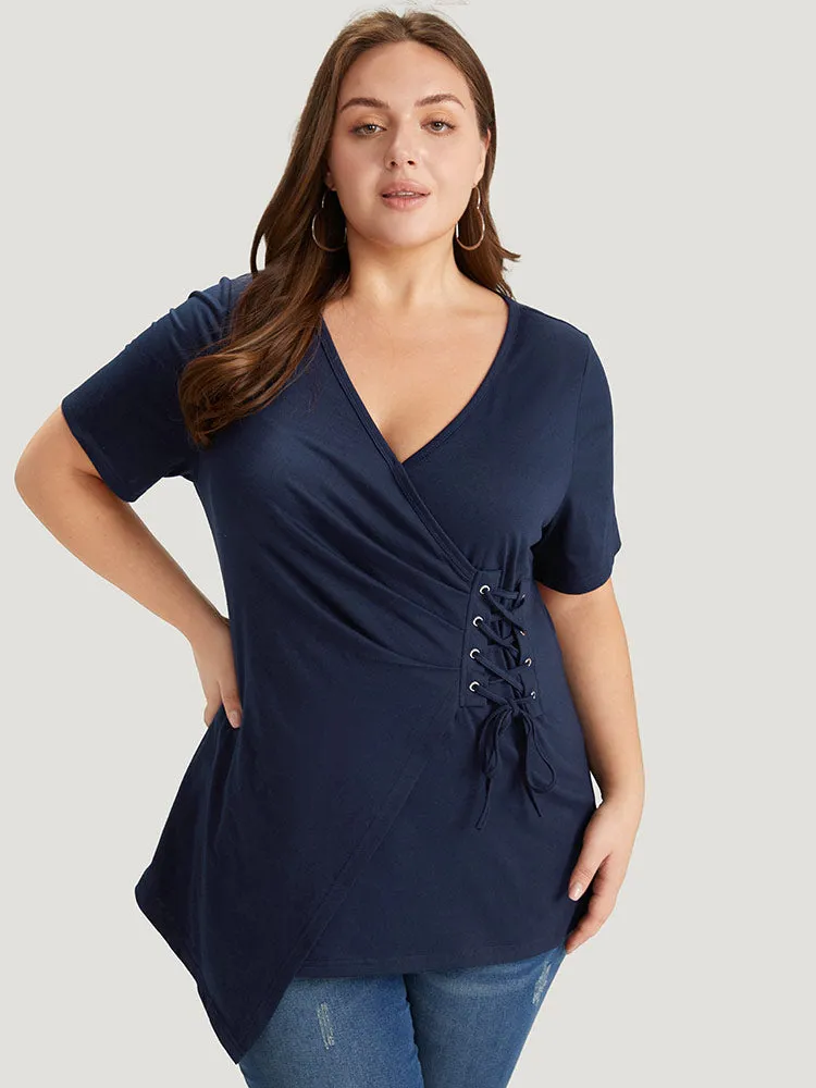 Solid Wrap Lace Up Side Asymmetrical Hem T-shirt sold by Bloomchic product image thumbnail 5