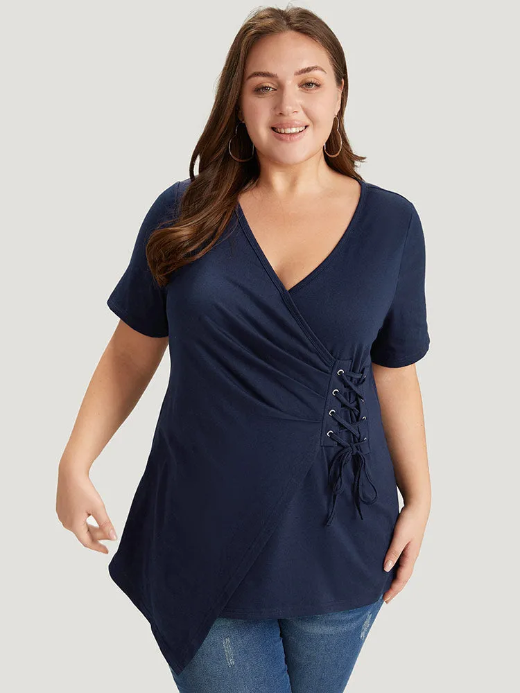 Solid Wrap Lace Up Side Asymmetrical Hem T-shirt sold by Bloomchic product image thumbnail 3