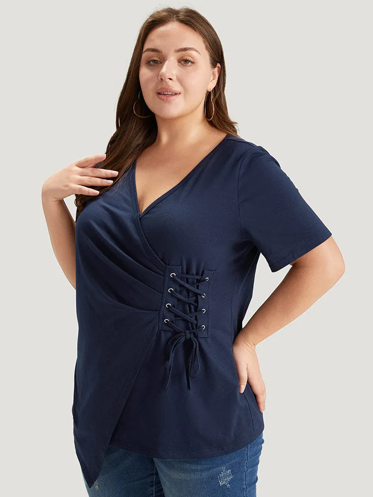 Solid Wrap Lace Up Side Asymmetrical Hem T-shirt sold by Bloomchic product image thumbnail 4