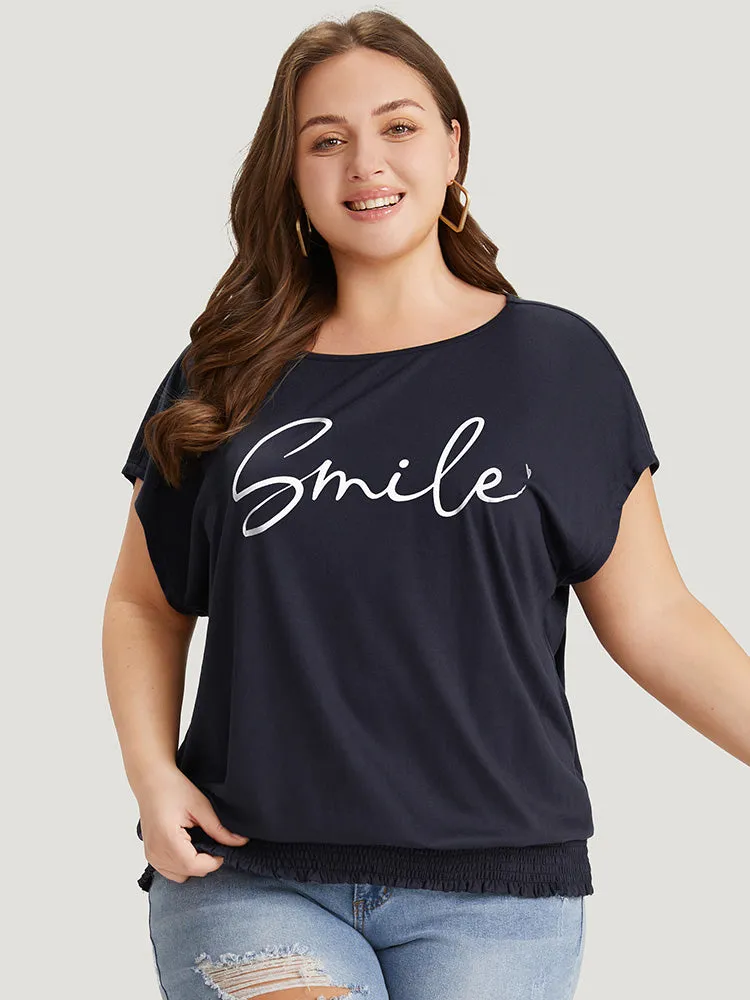 Letter Print Batwing Sleeve Shirred Hem T-shirt sold by Bloomchic