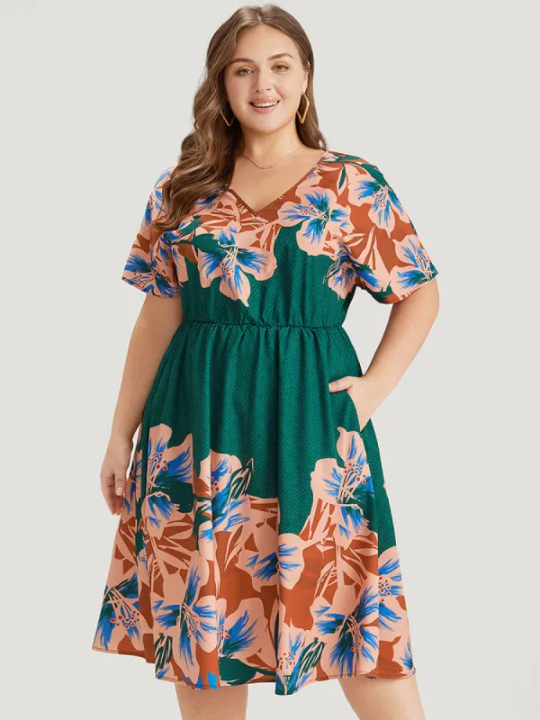 Floral Print Contrast V Neck Pocket Gathered Ruffles Dress sold by Bloomchic