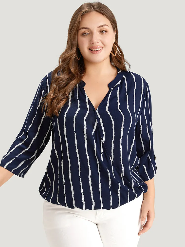 Striped Notched Three Quater Length Sleeve Blouse sold by Bloomchic