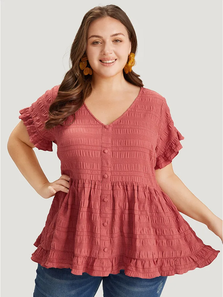 Plain Textured Button Detail Ruffle Sleeve Blouse sold by Bloomchic