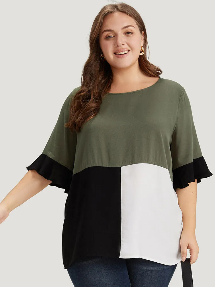 Colorblock Patchwork Flutter Half Sleeve Blouse sold by Bloomchic