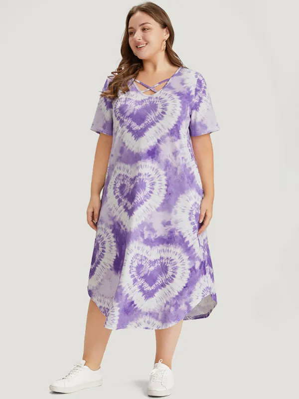 Heart Print Tie Dye Pocket Crisscross Neck Dress sold by Bloomchic